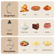 ONSON 5QT 350W Copper Motor, 12-Speed Electric Mixer with Stainless Steel Bowl, Dough Hook, Whisk, Beater, Milky White
