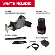 Hyper Tough 12V Brushless Cordless Reciprocating Saw with Battery and Charger, Variable Speed, Ergonomic Grip, Compact Lightweight Design, 6089
