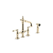 Kohler Artifacts Double-Handle Bridge Bar Kitchen Faucet with Dual Spray Side Sprayer, Vibrant French Gold, 1.5 GPM, 76520-4-AF