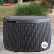 Keter Circa 37 Gallon Round Resin Deck Box with Rattan Texture, Weather-Resistant Outdoor Storage and Seating Bench, Grey, 243554