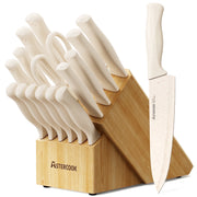 Astercook 17 Pieces Kitchen Knife Set, High Carbon German Stainless Steel Blades, Anti-Rust Coating, Built-in Sharpener, Ergonomic White Handles, Dishwasher Safe