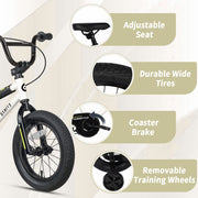 Glerc 14 Inch Kids BMX Bike with Training Wheels, Coaster and Rear V-Brakes, Adjustable Seat and Handlebar, White