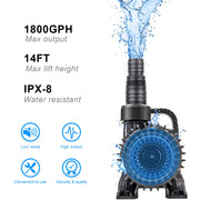 OYO WATER 1800GPH 100W Submersible Pond Waterfall Pump with 32.8FT Cord and Barrier Pump Bag