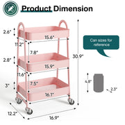 ZUNMOS 3 Tier Utility Rolling Cart, Metal Mobile Storage Cart with Lockable Caster Wheels, Pink - Movable & Lockable