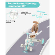 JMMD 0910-7in1 Baby Tricycle 7-in-1 Foldable Kids Trike with Adjustable Parent Handle, Safety Harness, Wheel Brakes, Removable Canopy, Gray