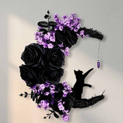Magical Halloween Moon Cat Crescent Wreath with Light-Up Purple Floral Accents and Gothic Black Rose, Elegant Hanging