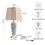 JUJUYUYOP Rustic Farmhouse Table Lamps Set of 2, 27in White with Dual USB Charging Ports and Integrated LED Bulbs, 8993