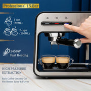 Mixpresso Professional Espresso Machine, 15-Bar Pump, 1450W Fast Heating, Milk Frother Steam Wand, Double-Cup Splitter, 37oz Water Tank, Stainless Steel