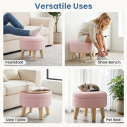 Concetta Round Storage Ottoman with Soft Teddy Velvet Upholstery, Sturdy Wood Legs, Pink, Compact Size
