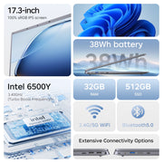 RNRUO 17.3 Inch Laptop Computer, Intel Pentium Gold 6500Y Dual-Core up to 3.4GHz, 32GB DDR3 RAM, 512GB SSD, Windows 11, Office 2024, WiFi 5, Bluetooth 5.0, Dark Gray