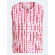 Free Assembly Sleeveless Button Front Tweed Shell, Pink Plaid, Gold-Tone Buttons, Braided Trim, Two Front Pockets, XS-4X
