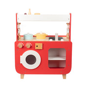 Bruce & Shark Red Wooden Play Kitchen Set with Washing Machine and Oven, Interactive Pretend Play Toy for Ages 3-8