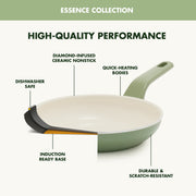 GreenPan Essence 12in Ceramic Nonstick Frypan, Diamond-Infused Coating, Oven Safe to 350F, Stay-Cool Bakelite Handle, Sage Green