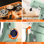 CEBORY 3-IN-1 Stand Mixer, 6.5 QT Tilt-Head 10-Speed Food Mixer, Agave Green