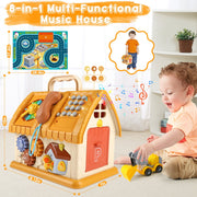 UUSUOO 8-in-1 Montessori Baby Toy, Multifunctional Educational Activity Cube with Musical Telephone, Adjustable Clock, Spinning Gears, Steering Wheel, Car Slide Track, Yellow