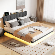 Neche Floating Upholstered Queen Platform Bed Frame with LED Lights, Charging Station, Hidden Storage, Gray