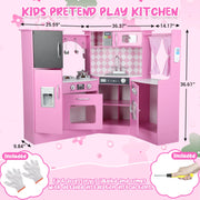iYofe Kids Corner Kitchen Playset with Lights & Sounds, Play Phone and Curtains, Wooden Kitchen Toys, Pink