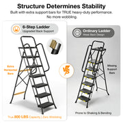 JOZ 6 Step Folding Ladder, 800lb Heavy Duty Alloy Steel, Built-In Tool Tray, Non-Slip Handrails, Anti-Slip Pedals, Black