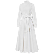 FYEGRE Clergy Dress for Women, Long Sleeve A-Line Maxi Dress with Stand Collar and Belt, White, Size S