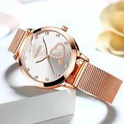 OLEVS 5189 Womens Casual Dress Analog Quartz Watch, Gold Mesh Strap, Double-Heart Dial, Luminous Hands, White