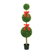 My Texas House Artificial Topiary, 6 ft, Three Stacked Greenery Spheres with Red Bows, Ceramic Pot