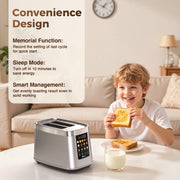 Mecity Touch Screen Toaster, 2 Slice, 5 Browning Levels, 8 Bread Programs, Automatic Lift, Keep Warm Function, Stainless Steel, 1200W