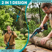 Saker 6-Inch Cordless Pole Saw with Detachable Mini Chainsaw, 2x 22V 4000mAh Batteries, Extendable Pole to 7.55 ft, Blue