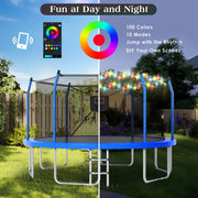 Euroco 14ft Round Trampoline with LED Lights, Basketball Hoop, Enclosure Net, Ladder, Galvanized Steel Frame, 1500 lbs Capacity