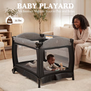 AILEEKISS 3-in-1 Foldable Baby Playard with Bassinet, Changing Table, 7 Incline, 360 Wheels, Black