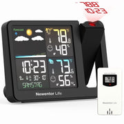 Newentor Projection Alarm Clock with Weather Station, Wireless Indoor Outdoor Humidity Thermometer, 12-Hour Weather Forecast, Dual Alarm, Black, Q10