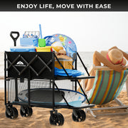 RoveStep Double Decker Folding Garden Wagon, 320L Dual-Level Capacity, 400 lb Load, Heavy-Duty Steel Frame, Collapsible with 360 Swivel Wheels and Brake, Big Wheels, Double Extended Tailgate