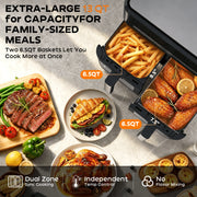 Patbrela 13QT Dual Basket Air Fryer Oven, 1700W, 10-in-1 Digital Touchscreen, Independent Temperature Control, Black, AF310