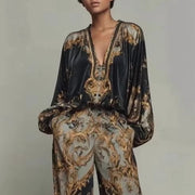 Zanvylia Womens Baroque Printed Two-Piece Set, V-Neck Lantern Sleeve Top, Black Gold Palazzo Wide Leg Pants, Retro Luxury