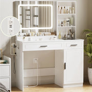 Hommpa Makeup Vanity with LED Lighted Mirror Vanity with Glass Top Drawers Vanity Table with Charging Station, White