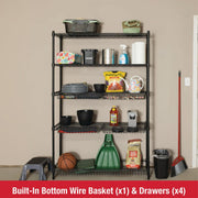 Rubbermaid 85030B 5-Tier Deluxe Heavy Duty Black Wire Shelving Unit with Drawers and Basket, 1520 lb Capacity, 48 in W x 16 in D x 72 in H