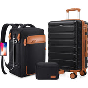 MIUSSE 3-Piece Carry On Luggage Set, Hard Shell ABS, 20-Inch Spinner Suitcase, 18-Inch Travel Backpack with USB Port, TSA Lock, Toiletry Bag, Black