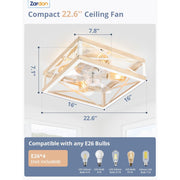 Zardon 16 Low Profile Caged Ceiling Fan with Light, Remote Control, Light Brown Wood and White Finish, 6-Speed Quiet DC Motor, Indoor