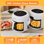 Bluebow 5 Quart Air Fryer with 360 Degree Viewing Glass Pot, 8-in-1 Digital Touchscreen, Less Oil, 1350W (White)