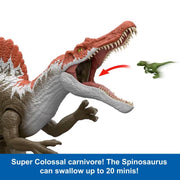 Jurassic World Super Colossal Spinosaurus Dinosaur Figure, 36 in Long, Interactive Stomach Compartment, Includes Mini Velociraptor and Triceratops