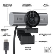 Logitech MX Brio Ultra HD 4K Webcam, 1080p 60fps, Dual Microphones, Privacy Shutter, USB-C, Graphite, 960-001545