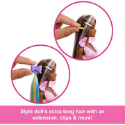 Mattel Barbie Fun & Fancy Fashion Doll, Brunette with 8.5-Inch Extra-Long Hair, 2 Outfits, 10 Styling Accessories