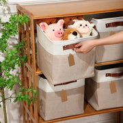 Unbranded 10 Pcs Collapsible Linen Storage Bins with Metal Handles, Foldable Fabric Rectangle Organizer for Home Closet Nursery, Beige and White, 12 x 12 x 12 in