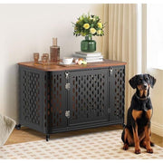 Naipo PET-1050282W Heavy Duty Dog Crate Furniture, Chew Proof Metal Kennel with Cushion, Rustic Brown