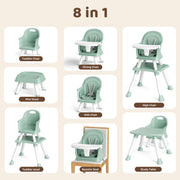 AILEEKISS ETD001TN 8 in 1 Baby High Chair, Convertible Toddler Dining Booster Seat with Adjustable Tray, 5-Point Harness, Green