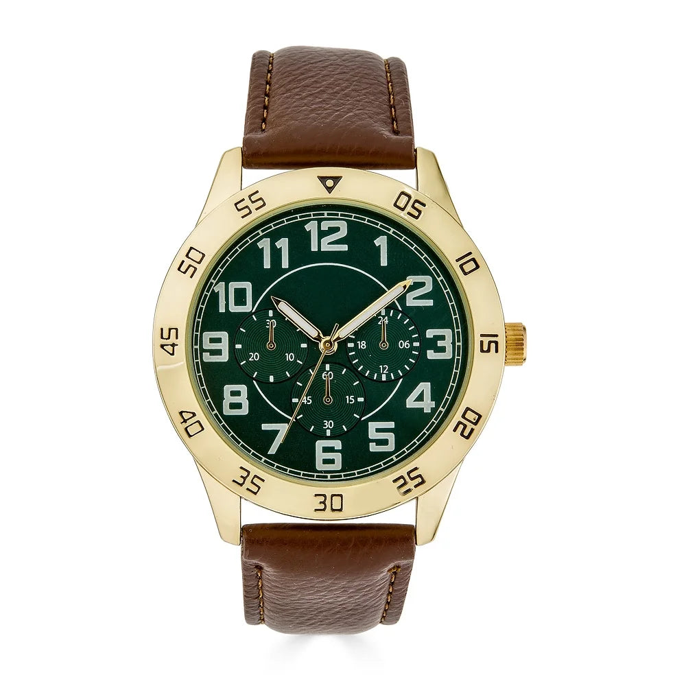George Watch Collection George WGS0005GD Men's 44mm Gold Tone Green Dial Easy Read Brown Strap ...