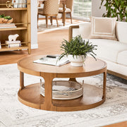 My Texas House Haven Round Coffee Table, 40-Inch Wood Top, Warm Brown Finish, Drum-Style Base, Open Lower Shelf, MT65250047100A7