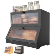 GAMBE Double Layer Bamboo Bread Box with Frosted Acrylic Door Panel, Black, Large Capacity Kitchen Countertop Organizer