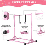 Primy Gymnastics Bar for Kids, Adjustable Height 39-61in, Steel Frame with Fiberglass Rail, Stable Triangle Base, Supports 230 lbs, Pink