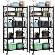 Magichomestore 5 Tier Foldable Storage Shelf with Wheels, Heavy Duty Metal Storage Rack, Portable Foldable Shelf Unit for Kitchen and Garage, Black, 2 Pack