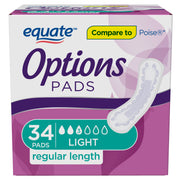 Equate Options Incontinence Pads for Women, Light, Regular, 34 Count